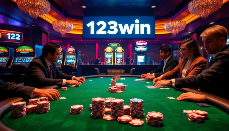 Engaging scene with players at a poker table showcasing strategies at 123win casino.