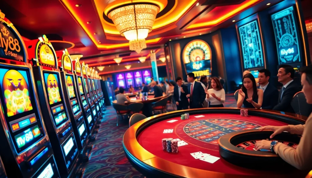 Exciting casino floor scene with fly88 prominently featured on slot machines, showcasing poker action.