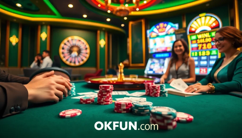 Experience thrilling gameplay at OKFUN com with a vibrant casino scene featuring poker and roulette.