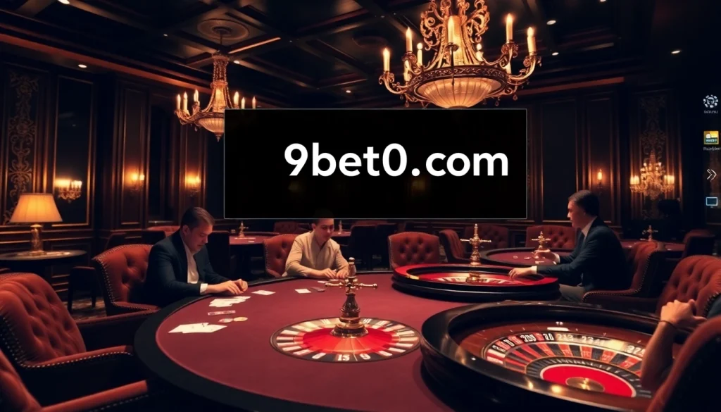 Experience thrilling gameplay at https://9bet0.us.com/ with poker chips and cards on an elegant table.