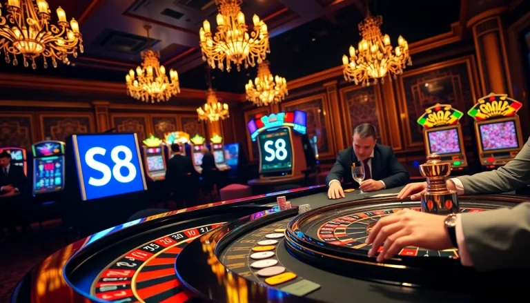 Gamblers enjoying high-stakes gameplay at a luxurious casino featuring S8 branding and vibrant poker tables.