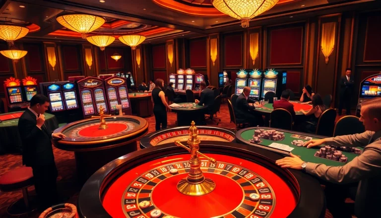 Players enjoying an exciting game at king88 casino, showcasing vibrant tables and slot machines.