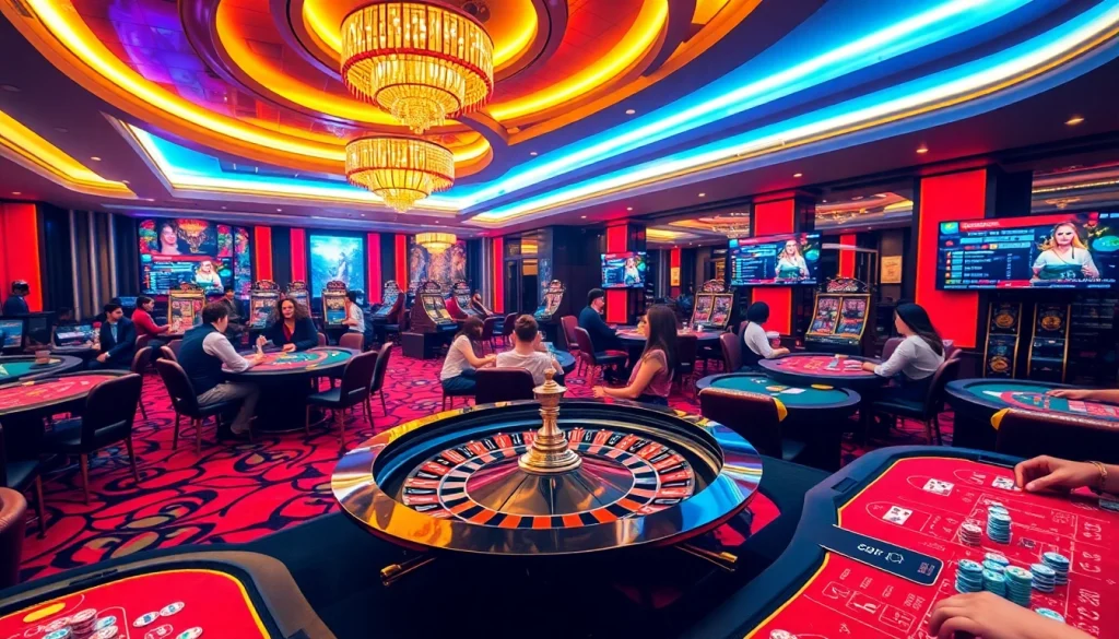 mm88 gamblers enjoying thrilling table games and high-tech betting interfaces in a luxurious casino setting.
