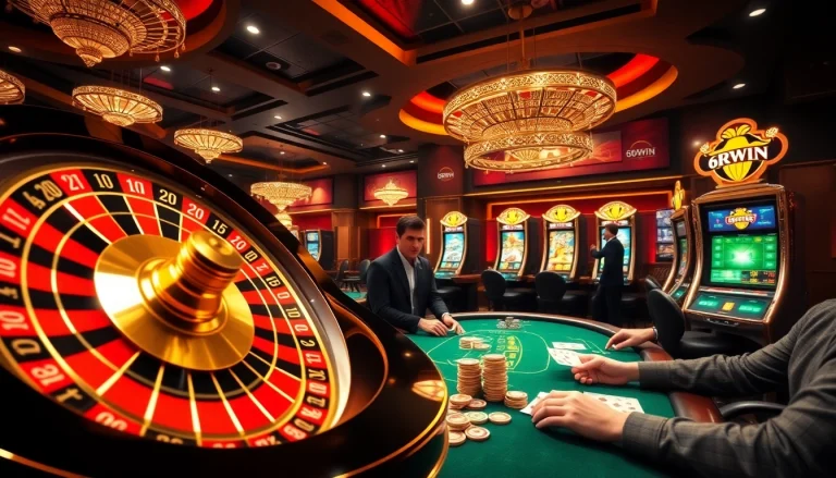 Experience the thrill of gaming at 6RWIN with professional dealers and vibrant casino elements.