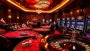 Exciting gameplay atmosphere at https://vj88vn.com/ with vibrant casino tables, players, and luxurious decor.