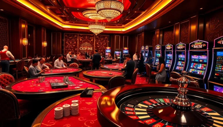 Exciting gameplay atmosphere at https://vj88vn.com/ with vibrant casino tables, players, and luxurious decor.