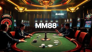 MM88 players enjoying a high-stakes poker game in a luxurious casino setting.