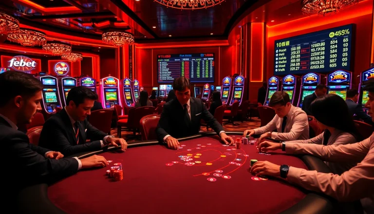 Experience an exciting poker game at febet with vibrant chips and cards on a luxurious table.