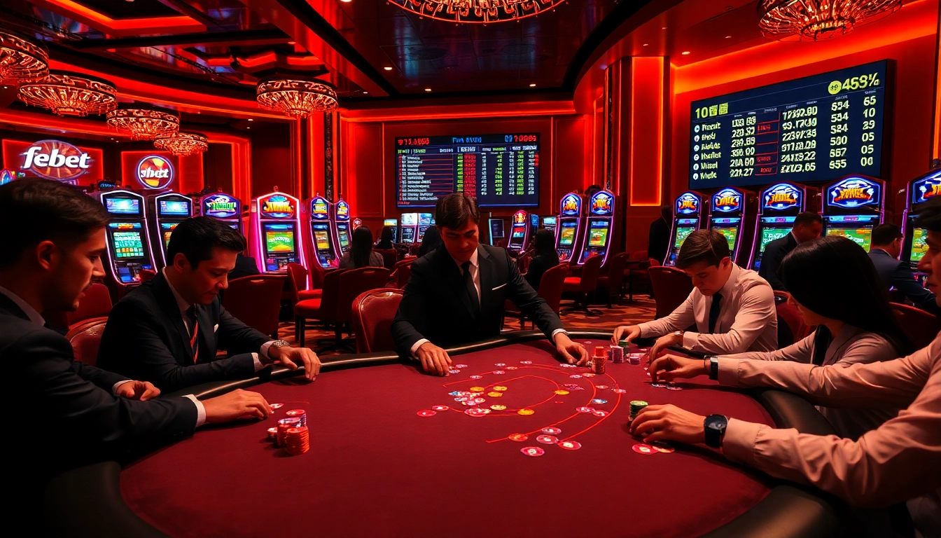 Experience an exciting poker game at febet with vibrant chips and cards on a luxurious table.