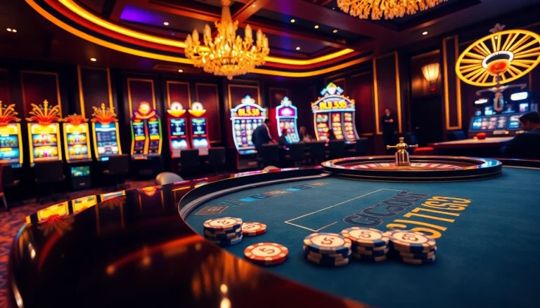 Players enjoying games at BL555 casino, featuring poker tables and slot machines.