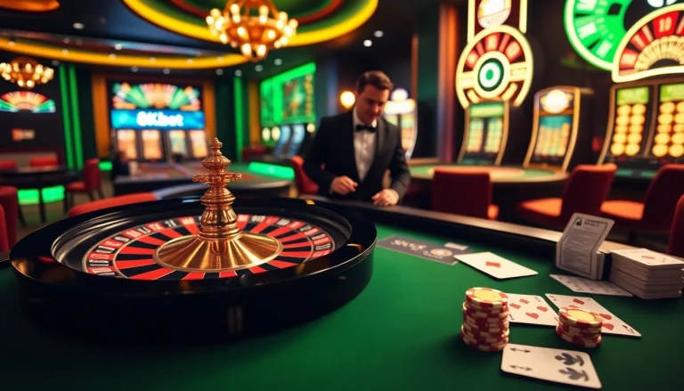 8kbet thrilling online casino scene with a roulette wheel and elegant dealer engaging players.