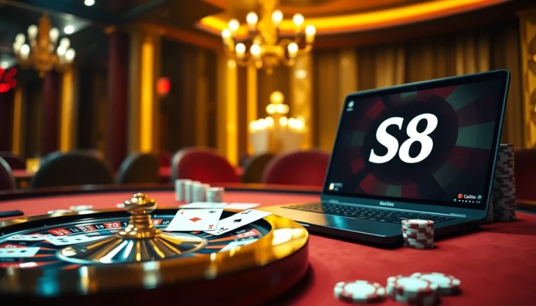 Engaging casino experience featuring S8 gambling interface with poker chips and cards.