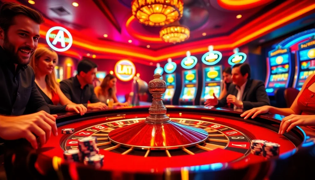 Players eagerly engaging at a vibrant HITCLUB roulette table in a luxurious casino environment.