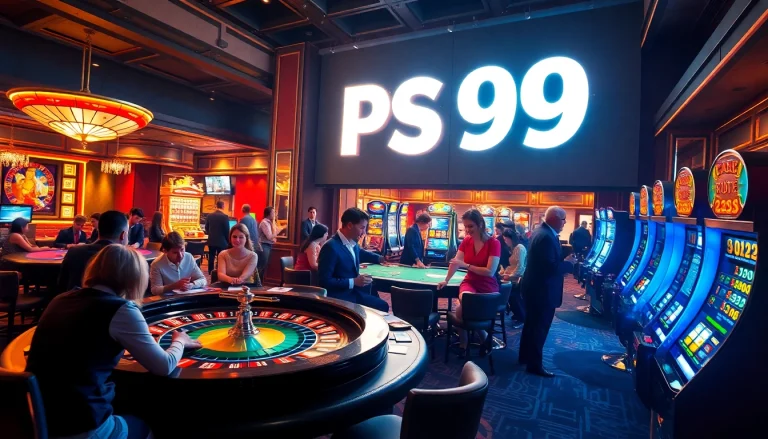Experience excitement at PS99 casino with players enjoying table games and slot machines.