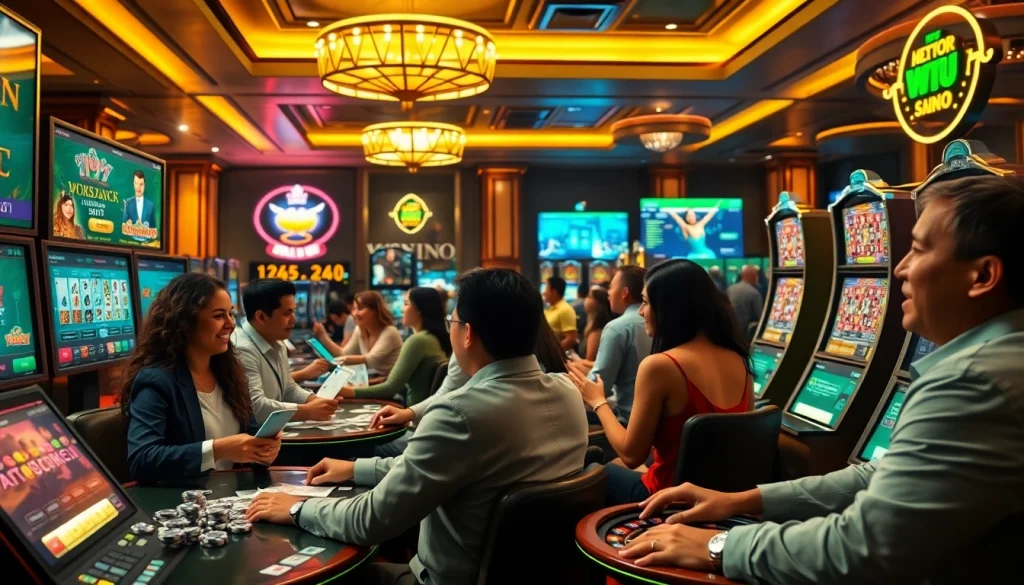 Exciting online gaming experience at vin777.gb.net with diverse players and vibrant casino elements.