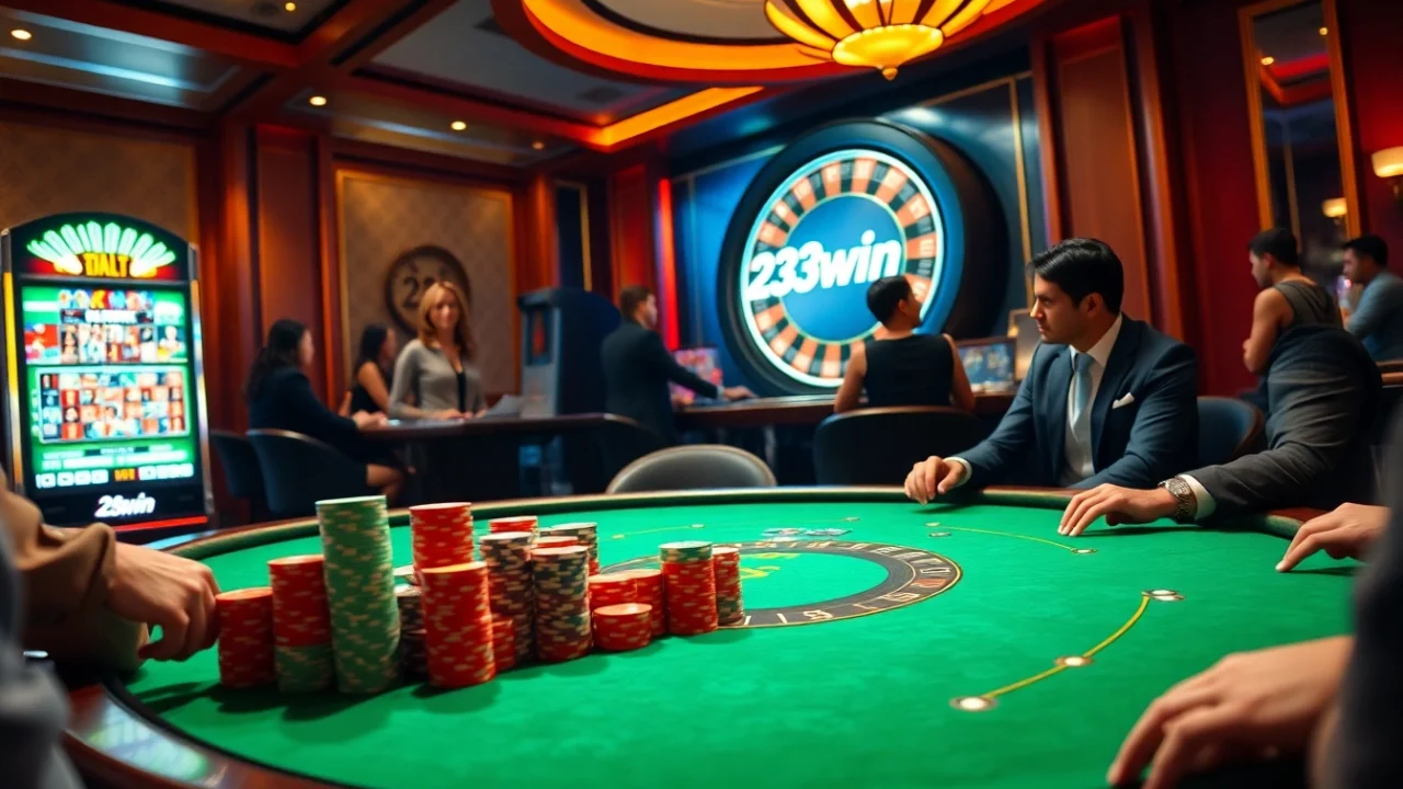 Experience intense gameplay at 23win with colorful chips and a spinning roulette wheel.