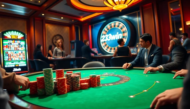 Experience intense gameplay at 23win with colorful chips and a spinning roulette wheel.