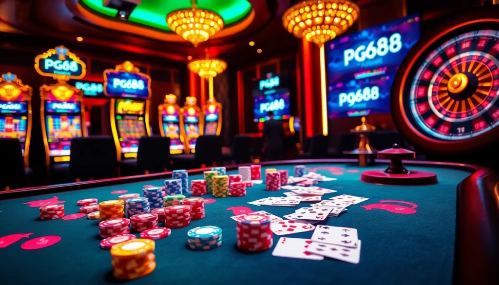 Engaging casino experience at pg88 with poker chips, cards, and vibrant slot machines.