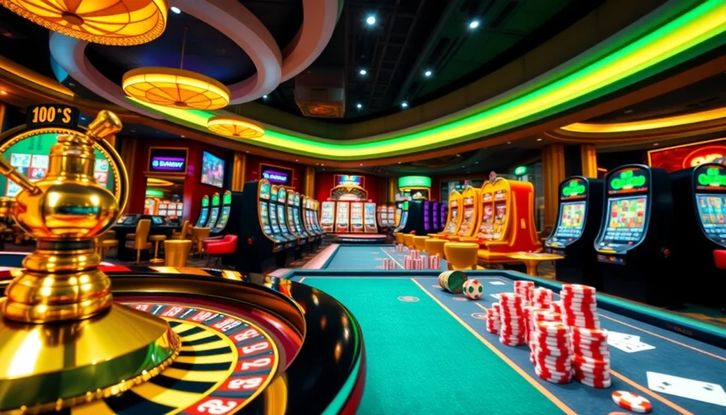 Engage in thrilling games at 888new with vibrant casino visuals highlighting roulette wheels and poker tables.