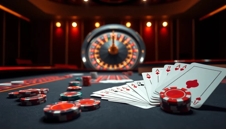 Engage with the thrill of RR88 casino games featuring vibrant poker chips and a roulette wheel.