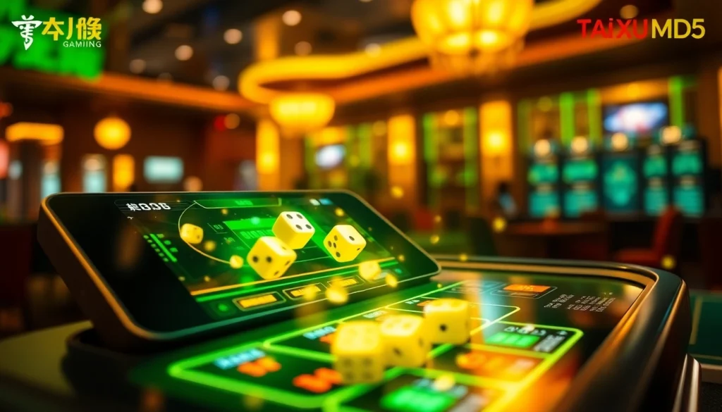 Tài Xỉu MD5 game display with rolling dice and digital interface.