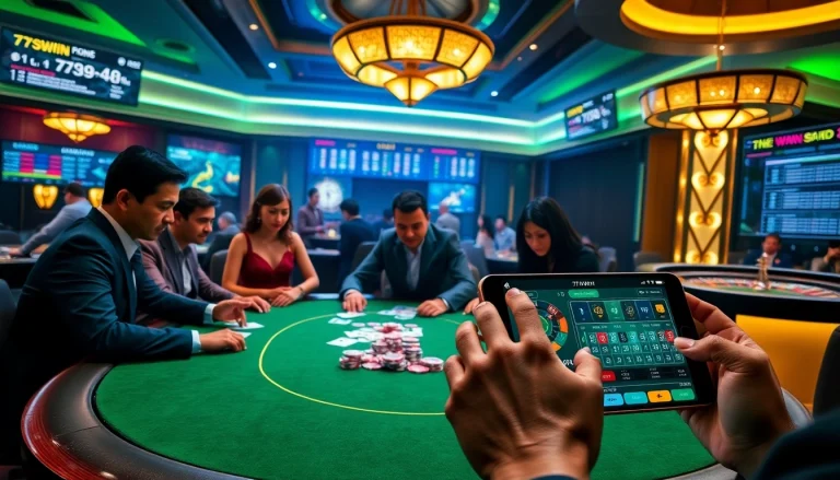 Exciting high-stakes poker game at 789win casino, showcasing colorful chips and players immersed in action.