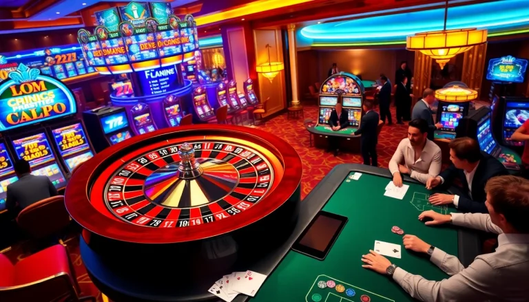 Engaging players at 23Win com nhà cái enjoying roulette and blackjack in a luxurious casino setting.