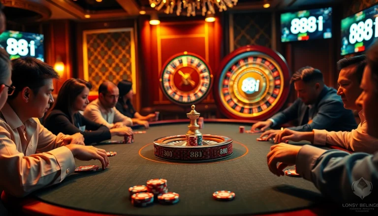 Players enjoy an engaging poker game at a luxurious casino table, highlighting 88i betting strategies.