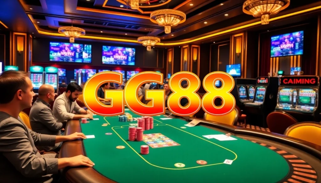 Players engaging in an exciting poker game at GG88 casino with vibrant chips and cards.