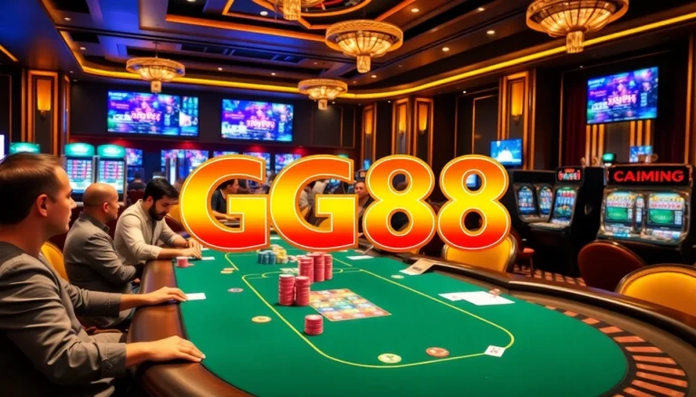 Players engaging in an exciting poker game at GG88 casino with vibrant chips and cards.