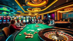 Experience the excitement of luck8 trang chủ with vibrant casino visuals featuring roulette wheels and poker tables.