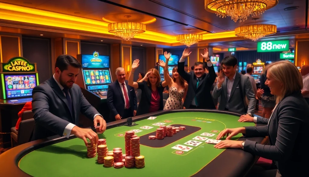 Experience thrilling wins at 888new casino with vibrant gaming tables, chips, and excited players.
