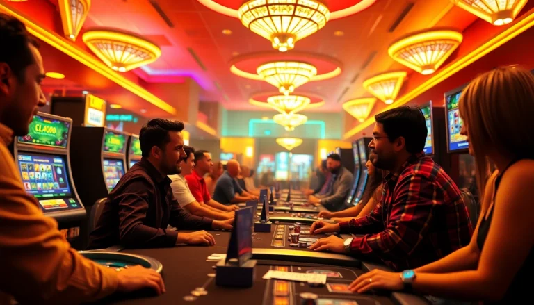 Exciting casino action at ev88win.live showcasing players at poker and blackjack tables, vibrant neon lights illuminating the scene.