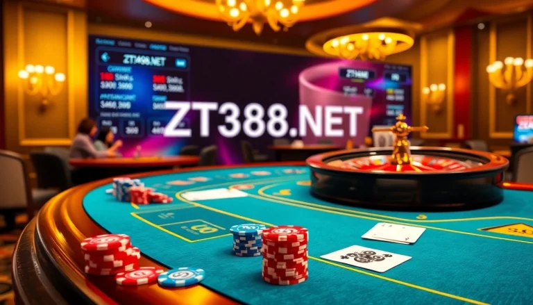 Engage with ZT9398.NET at a luxurious casino table featuring poker chips and online gaming excitement.