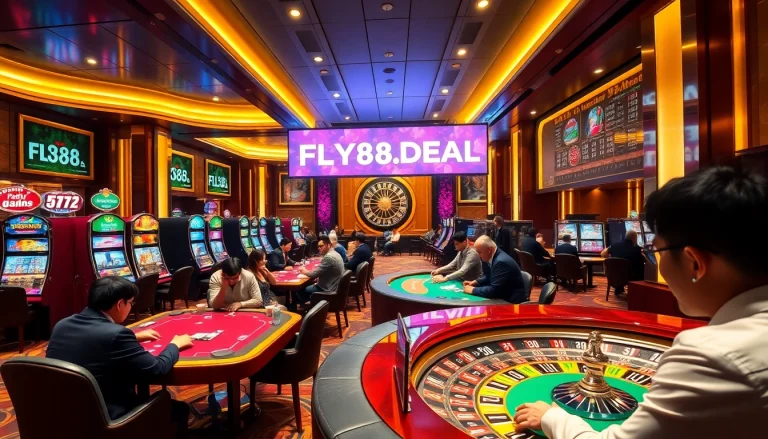 High-stakes poker players engaging in intense gameplay at FLY88.DEAL casino tables, showcasing excitement and strategy.