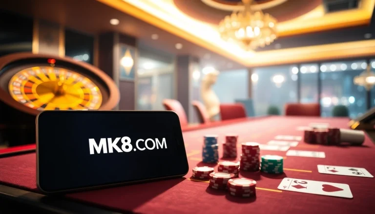 Experience the thrill of betting on MK8.COM's vibrant gaming interface at a luxurious casino table.