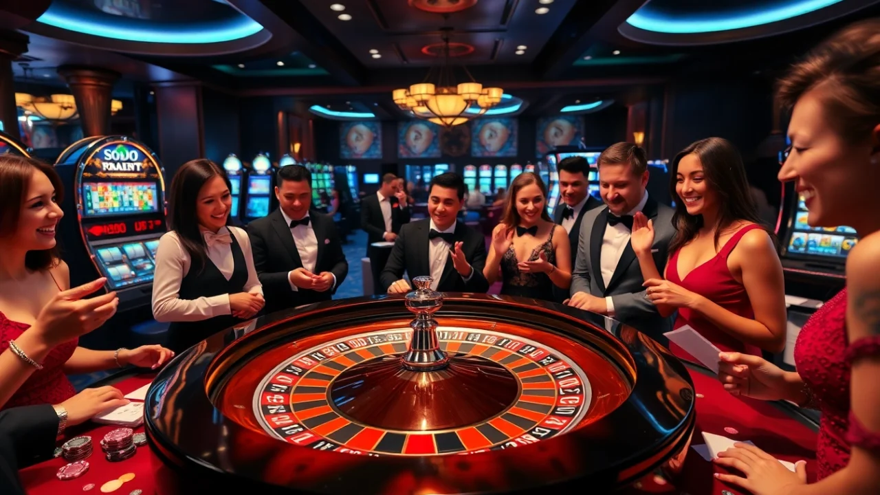 SODO Casino presents a lively roulette table with poker chips and excited players in a luxurious setting.