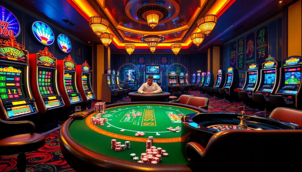Engaged players at a vibrant casino representing nhà cái lu88.com with poker, slots, and roulette.