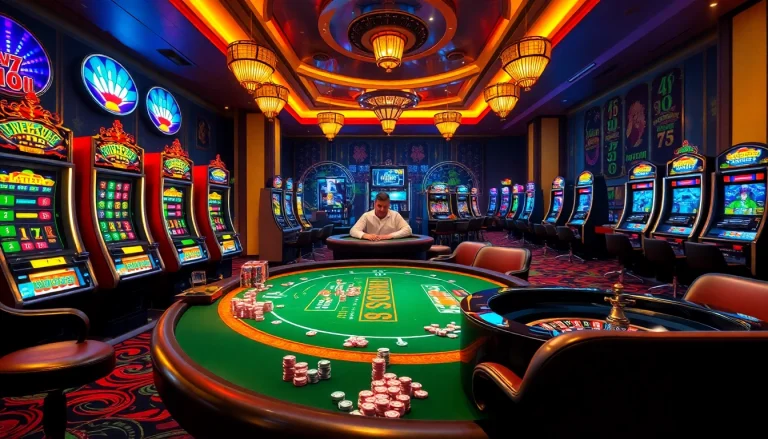 Engaged players at a vibrant casino representing nhà cái lu88.com with poker, slots, and roulette.