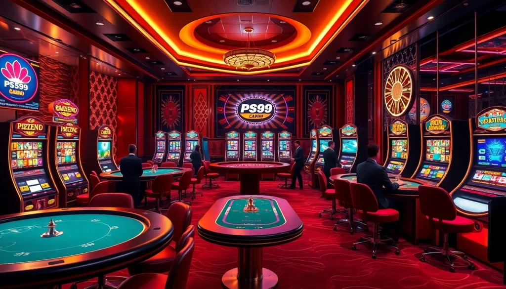 The bustling online gambling scene at trang chủ PS99, featuring elegant tables and vibrant slot machines.