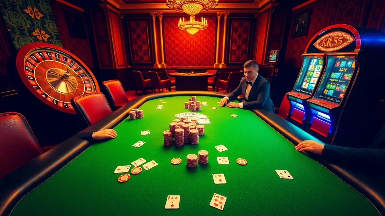 Gamble at nhà cái KK55, featuring vibrant poker chips and cards on an opulent casino table.