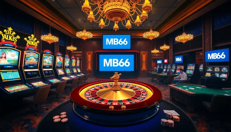 Experience the excitement of MB66 at a bustling casino with poker tables and roulette wheels.