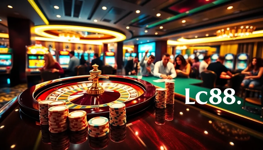 Engaged players celebrating wins at https://lc88.onl/ casino table with roulette and poker chips.