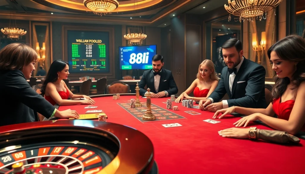 Gamblers strategize at a luxurious casino poker table featuring 88i chips and a roulette wheel.