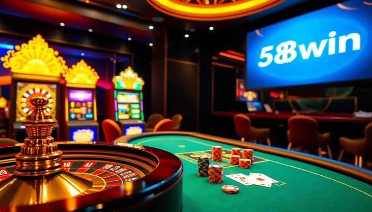 Experience the excitement of 58win with a lively online casino setting featuring roulette and poker tables.