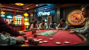 High-stakes action at a luxurious 79king casino poker table with vibrant chips and cards.