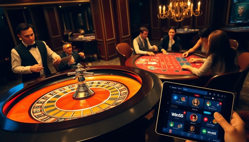 Win55 enthusiasts enjoying a thrilling game at a lavish casino table with vibrant chips.
