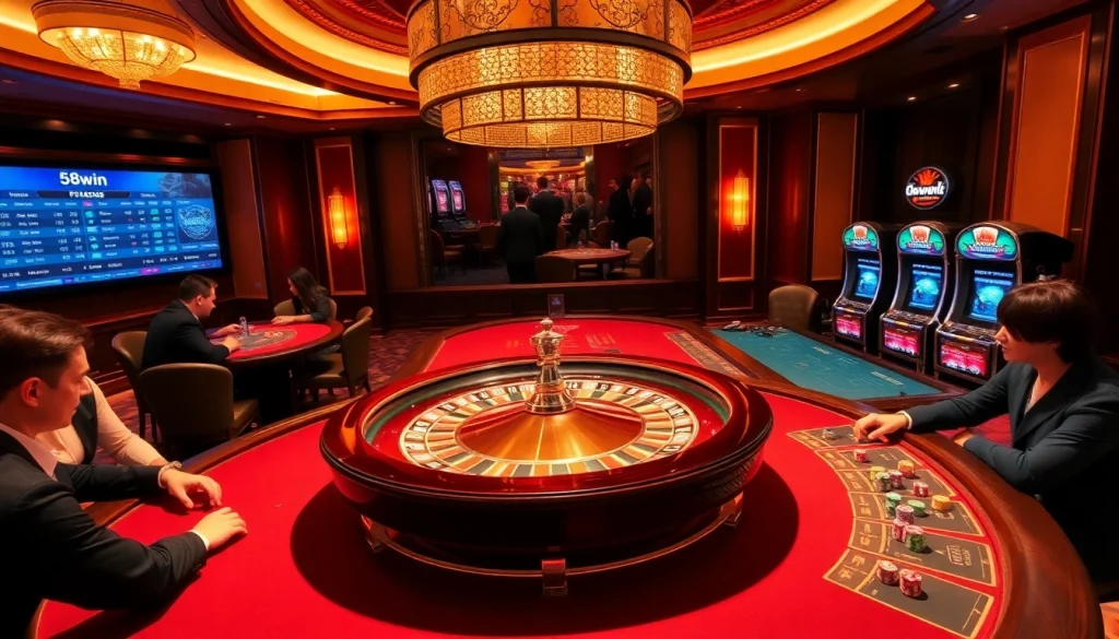Experience the excitement of 58win with glamorous casino gaming tables and vibrant roulette.