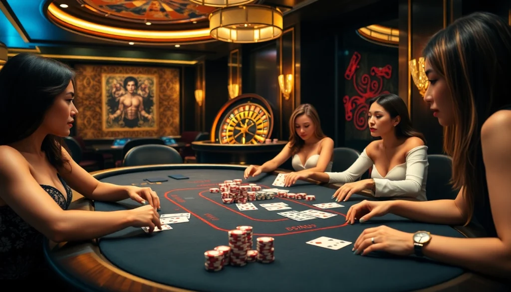 Engaged players at DF999 nhà cái enjoy lively poker action in an elegant casino setting.
