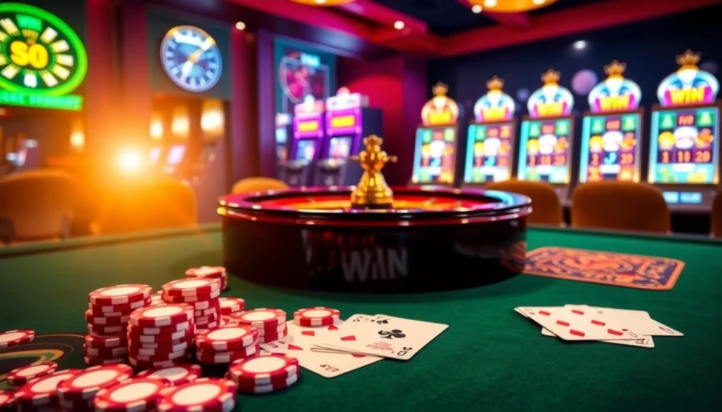 A luxurious LuckyWin casino scene showcasing roulette, cards, and vibrant slot machines.